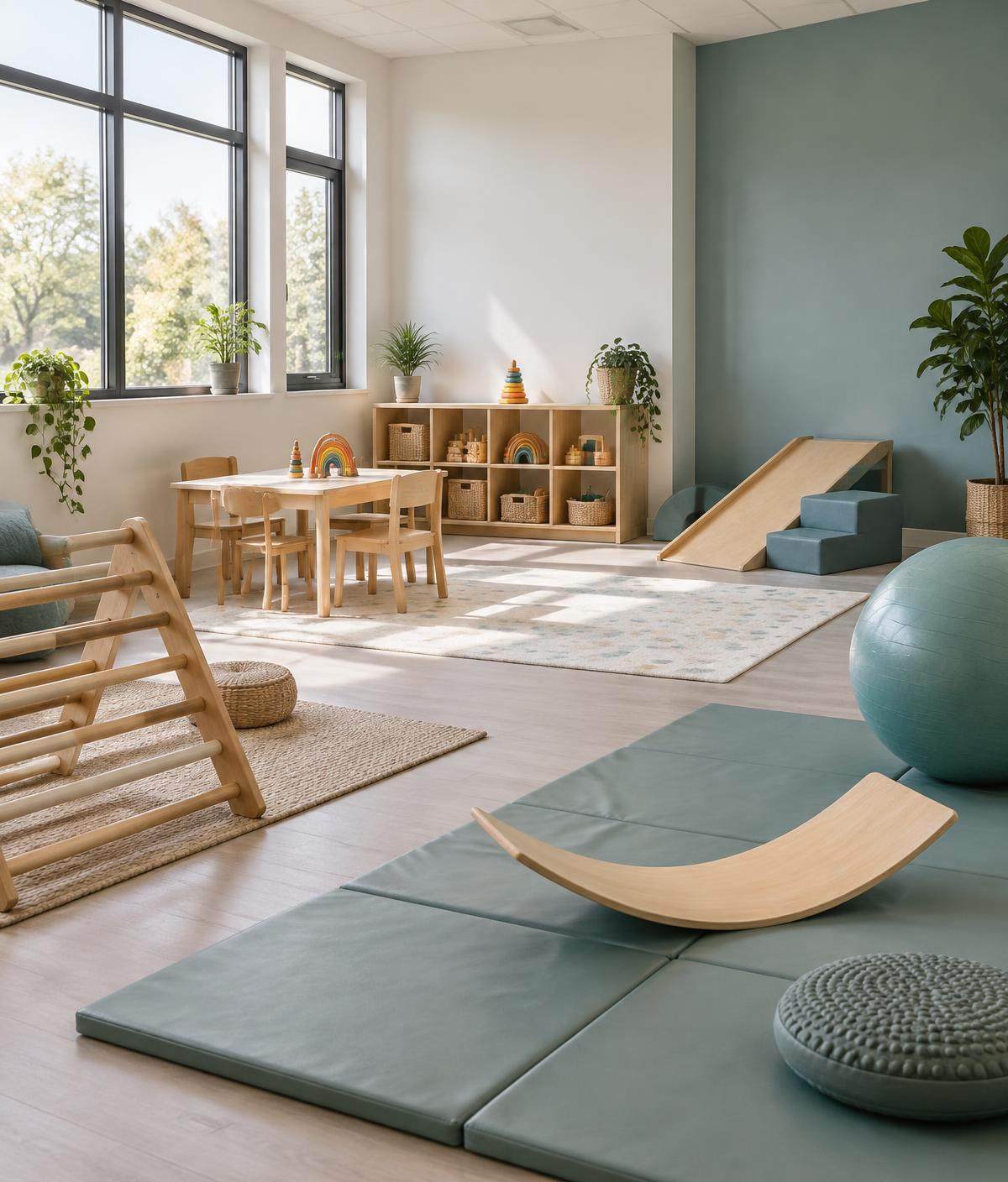 Jasna sala terapeutyczna z drewnianymi sprzętami